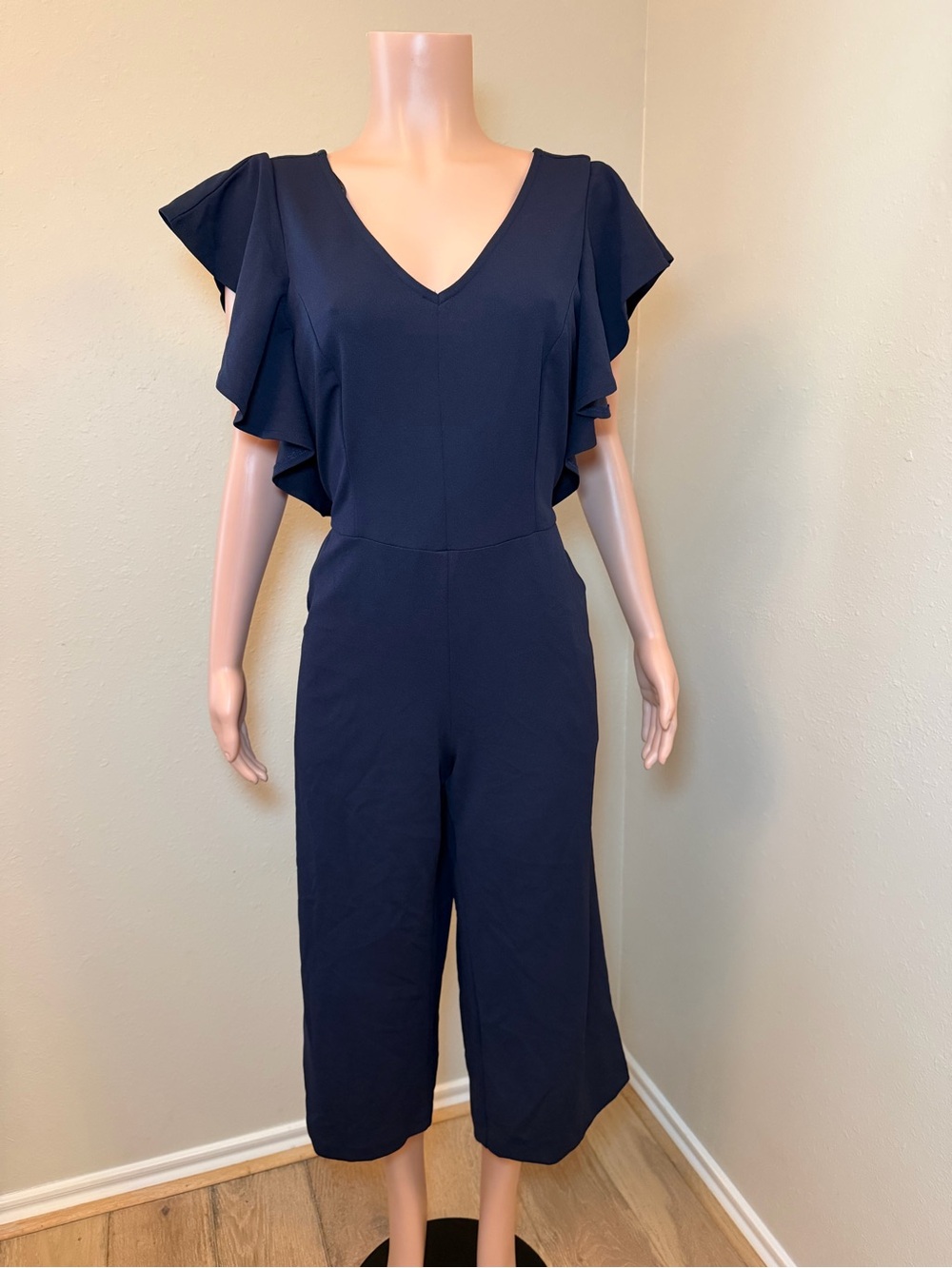 Elegant Navy V-Neck Ruffle Sleeve Jumpsuit
